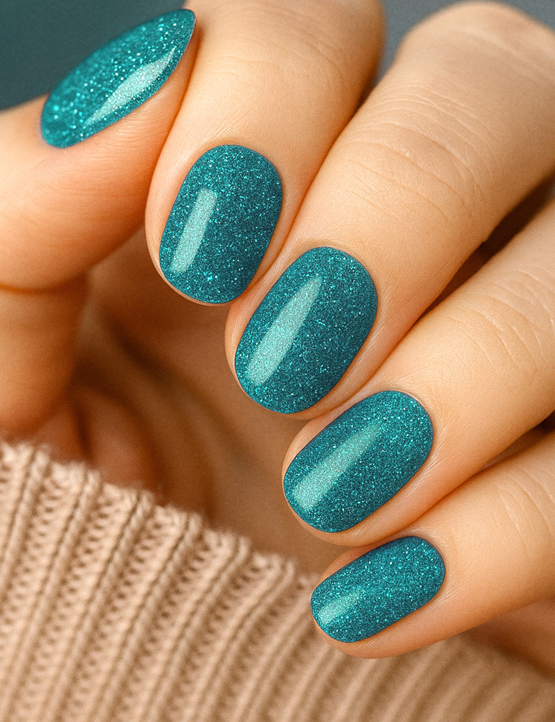 A model hand wearing Sea Spark Glitter nail stickies, showcasing the vibrant turquoise-blue shade with fine glitter shimmer, highlighting the bold sparkle and festive elegance of glitter nail art in a smooth, salon-style finish – Muselot.