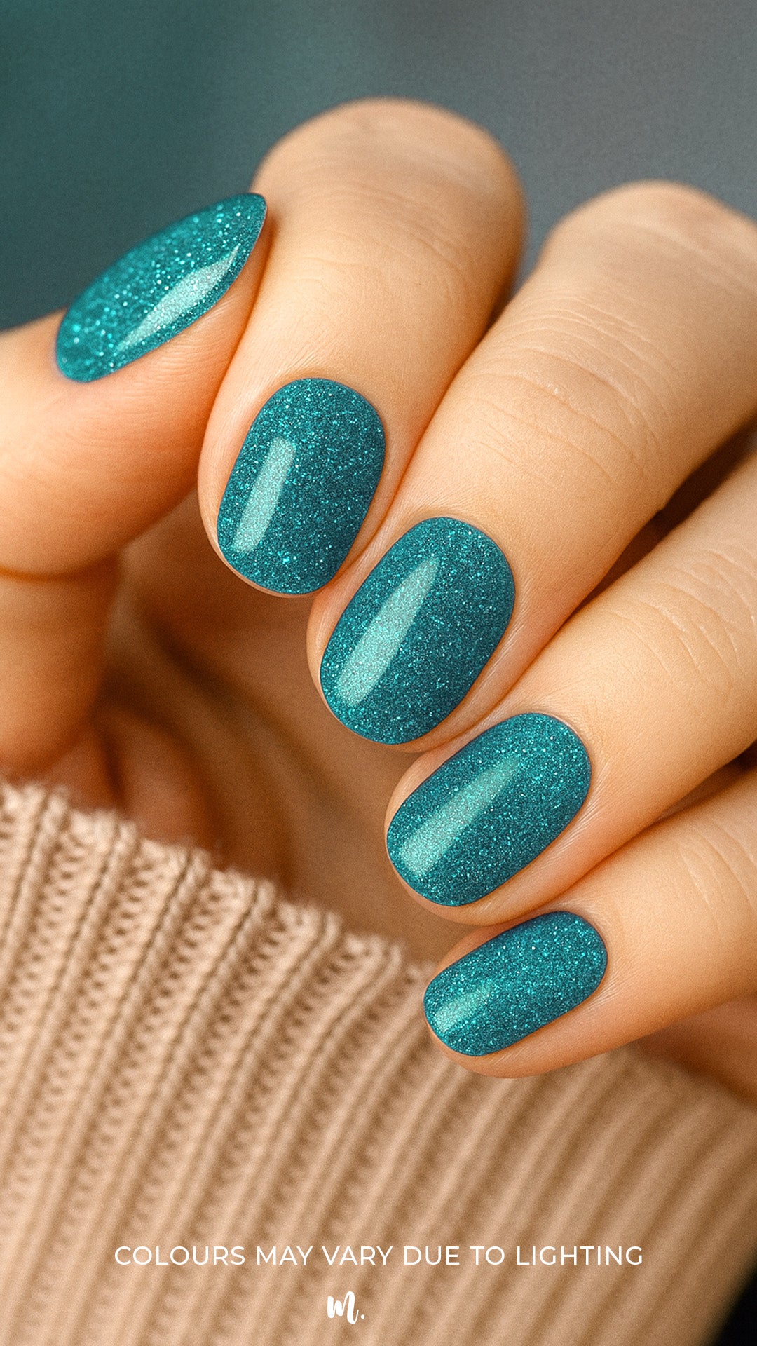 A model hand wearing Sea Spark Glitter nail stickies, showcasing the vibrant turquoise-blue shade with fine glitter shimmer, highlighting the bold sparkle and festive elegance of glitter nail art in a smooth, salon-style finish – Muselot.