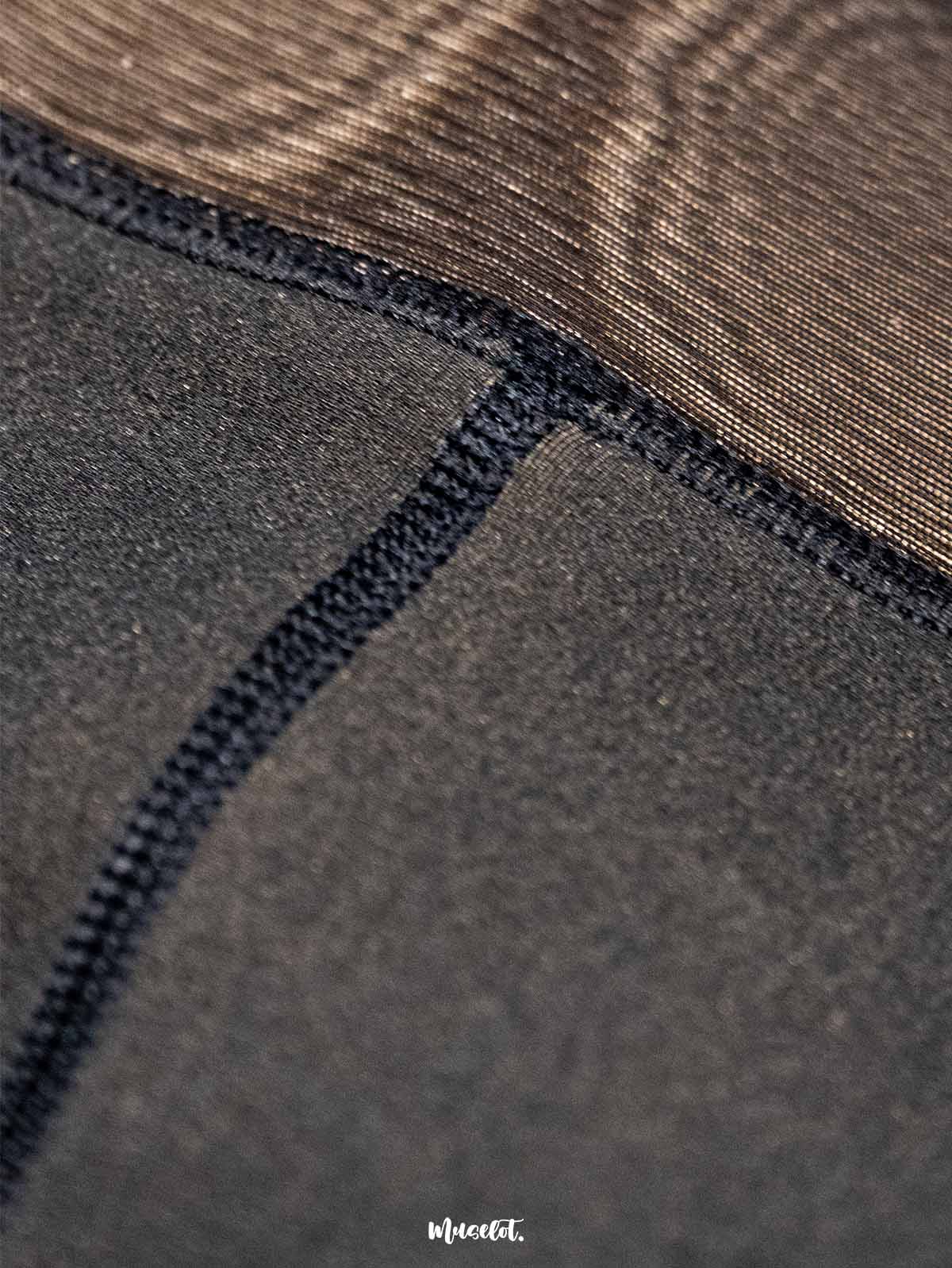 Close-up of the seam in tear-proof sheer stockings, highlighting the durable stitching, and elegant appearance- Muselot