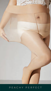 A plus size woman stretching her silken touch skin sheer stockings showcasing a tear proof and stretchability of the stockings -Muselot.






