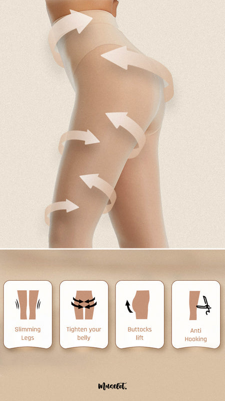 Skin-colored tear-proof silken touch stockings slimming legs, tightening belly, lifting buttocks, and anti-hooking. Arrows show enhancement areas- Muselot