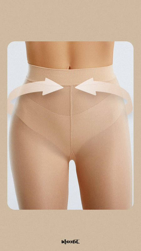 Tear resistant silken touch skin-colored stockings for women featuring curve enhancers, designed to provide a flattering fit and enhanced silhouette- Muselot