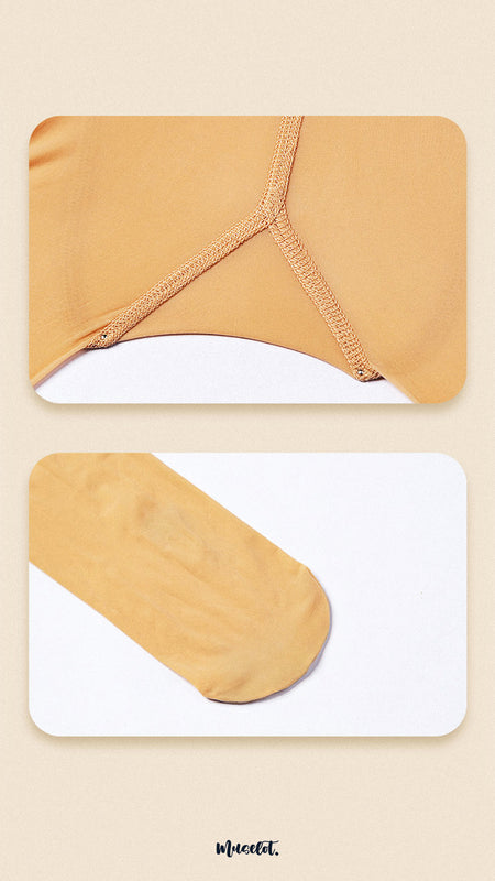 Close-up views of skin-tone sheer tights. The top image highlights a reinforced and neatly stitched gusset area for added durability and comfort, while the bottom image focuses on the sheer, smooth texture of the toe section. -Muselot.