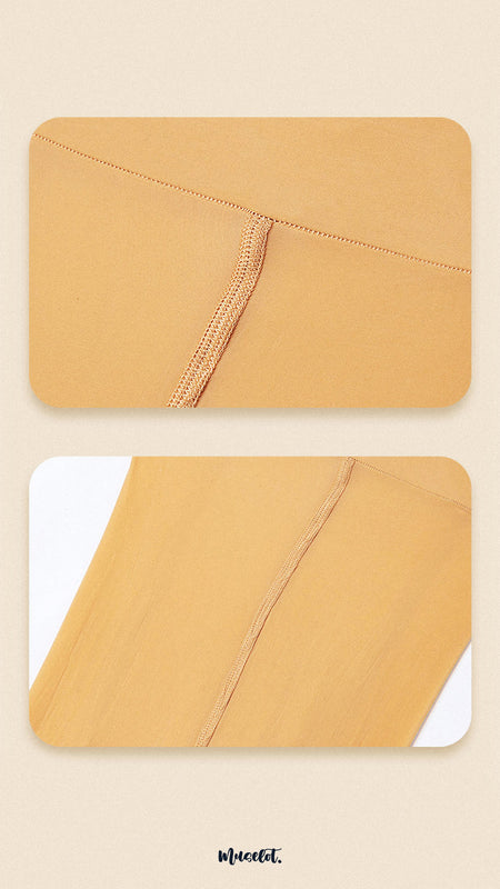 Close-up shots of nude-colored tights showcasing smooth, sheer fabric with reinforced seams. The first image highlights a secure and flat-stitched waistband seam, while the second focuses on a neatly crafted leg seam that enhances durability and comfort. -Muselot.