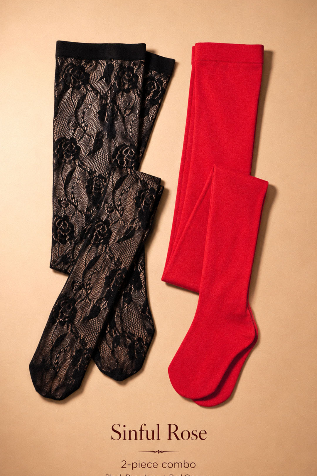 Flat lay of the Sinful Rose two-piece combo with black rose designer lace stockings and red opaque full-length stockings displayed separately to show both layering pieces – Muselot.