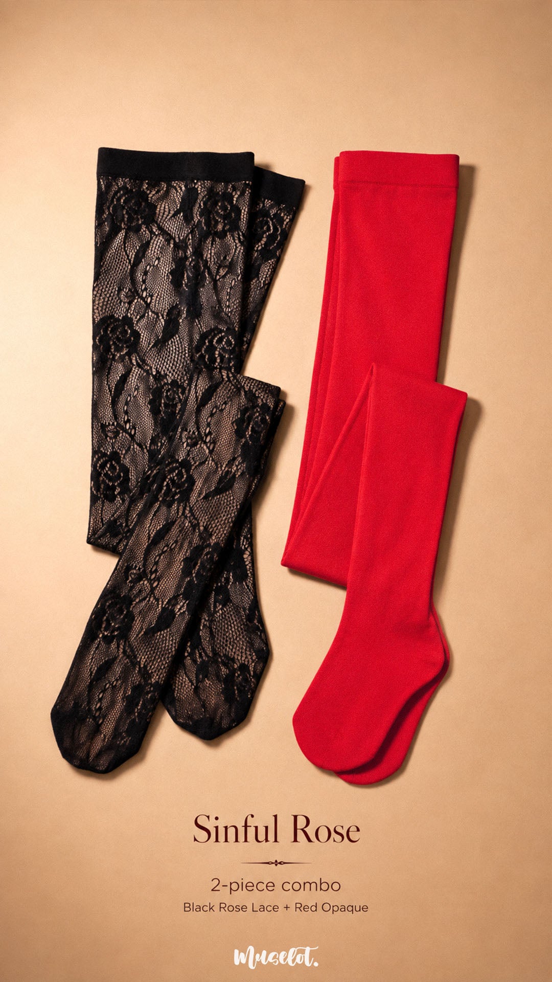 Flat lay of the Sinful Rose two-piece combo with black rose designer lace stockings and red opaque full-length stockings displayed separately to show both layering pieces – Muselot.