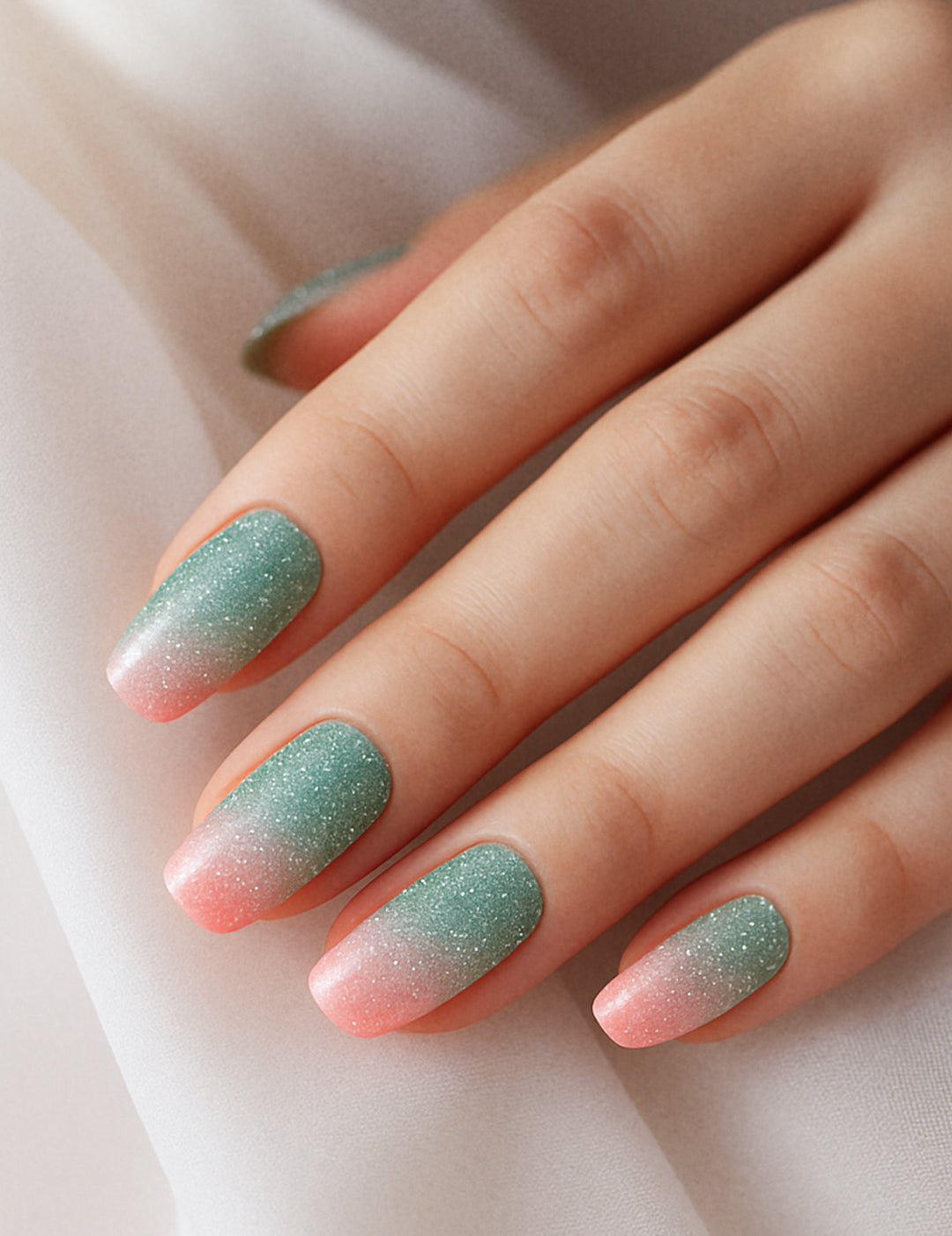 A model’s hand wearing Snow Petal Multicolor Glitter Ombre Nail Stickies, showcasing the elegant gradient blend of soft blush pink fading into a frosty mint green with sparkling silver glitter, highlighting the smooth ombre finish and shimmering texture that adds a chic, wintery charm to the nail art – Muselot.