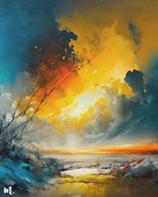 A close-up of the abstract sunset art reveals soft, blended hues of orange, yellow, and blue, creating a serene, airy atmosphere. The subtle transitions between colors enhance the painting's calm and tranquil feel, inviting a sense of peace and relaxation-Muselot
