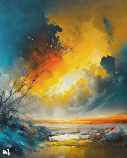 A close-up of the abstract sunset art reveals soft, blended hues of orange, yellow, and blue, creating a serene, airy atmosphere. The subtle transitions between colors enhance the painting's calm and tranquil feel, inviting a sense of peace and relaxation-Muselot