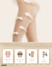 Skin-colored tear-proof stockings slimming legs, tightening belly, lifting buttocks, and anti-hooking. Arrows show enhancement areas- Muselot