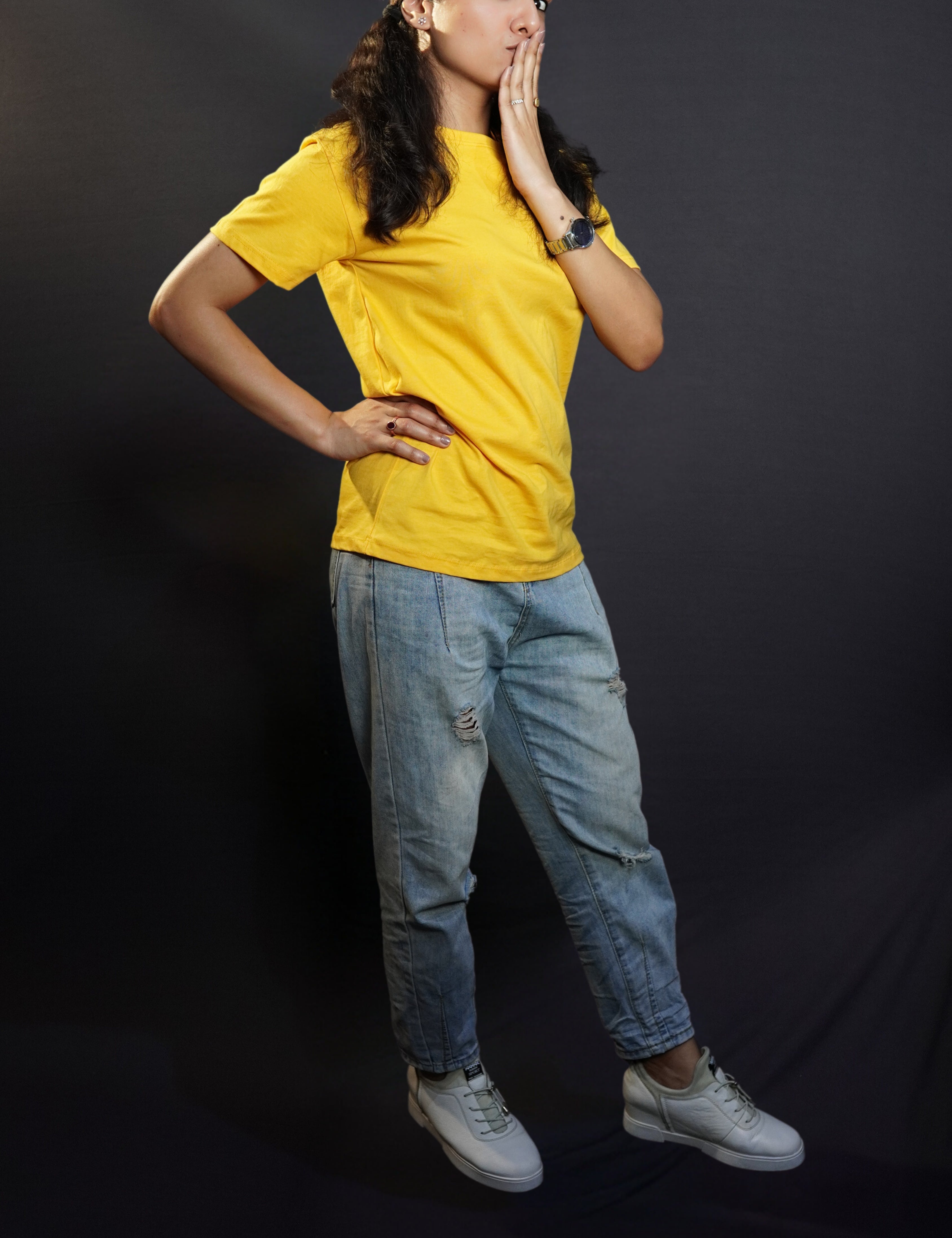 A woman in a cute pose wearing women's plus size plain cotton stretchable golden yellow T shirt-Muselot