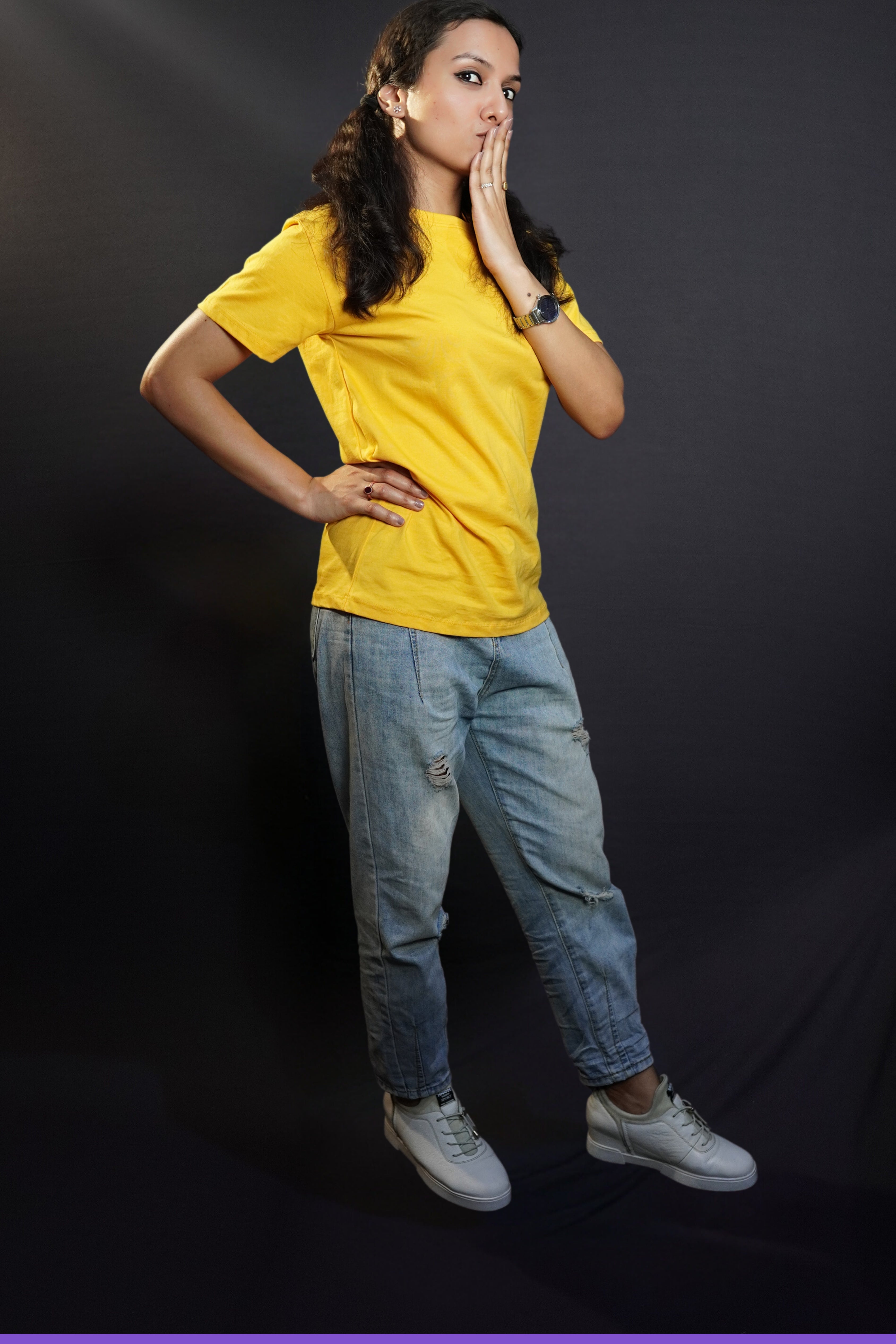 A woman in a cute pose wearing women's plus size plain cotton stretchable golden yellow T shirt-Muselot