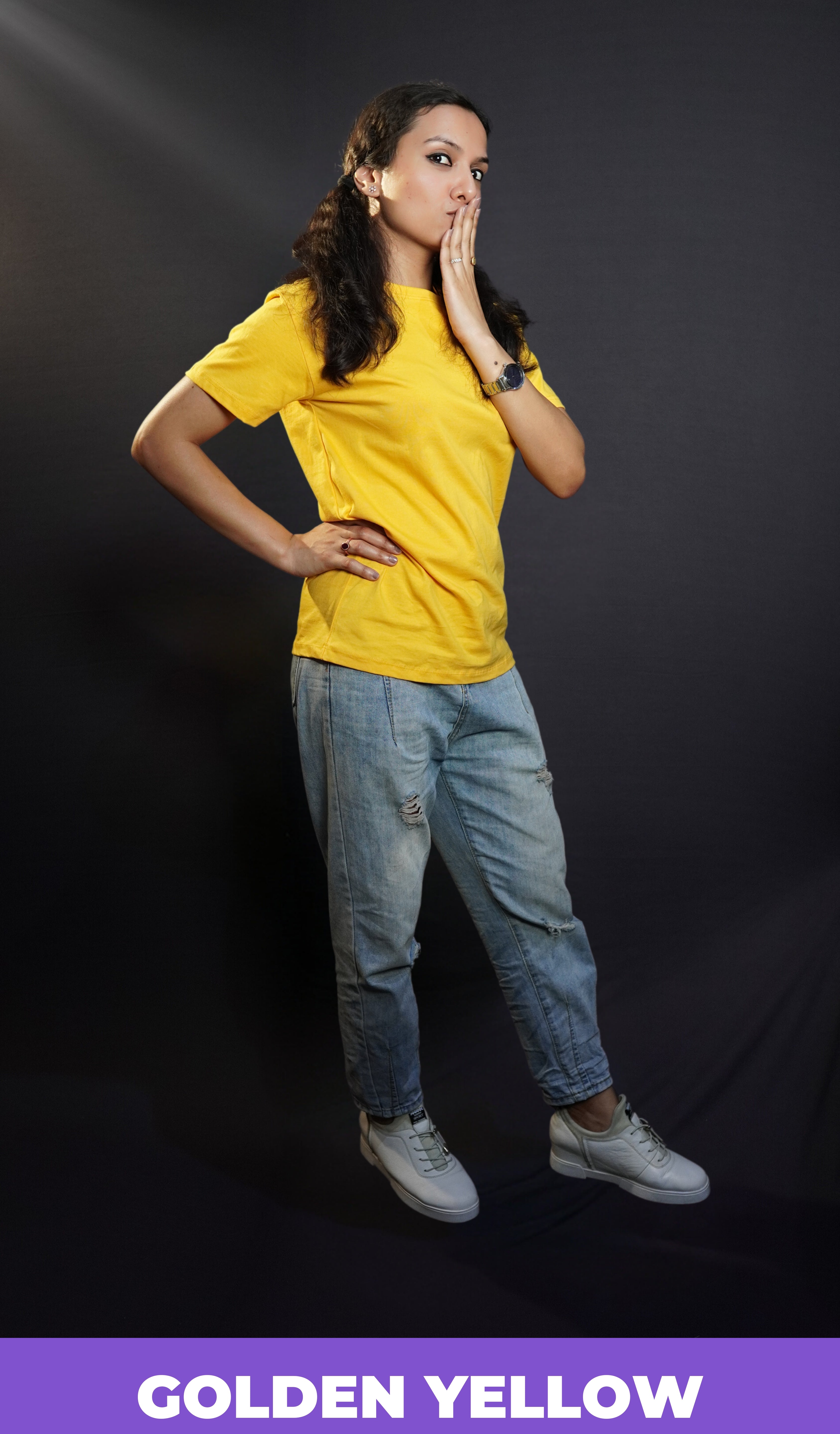 A woman in a cute pose wearing women's plus size plain cotton stretchable golden yellow T shirt-Muselot
