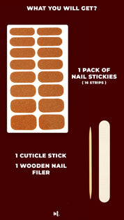 Warm Gold glitter nail art stickies pack, showcasing the full kit with 16 golden glitter strips in assorted sizes, a cuticle stick, and a wooden nail filer, highlighting everything included to create an easy salon-style manicure at home – Muselot.