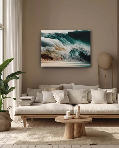 Ocean waves abstract canvas wall art, hanged on muted color wall paired with minimal furniture in a living room, creating a soft and inviting space-Muselot