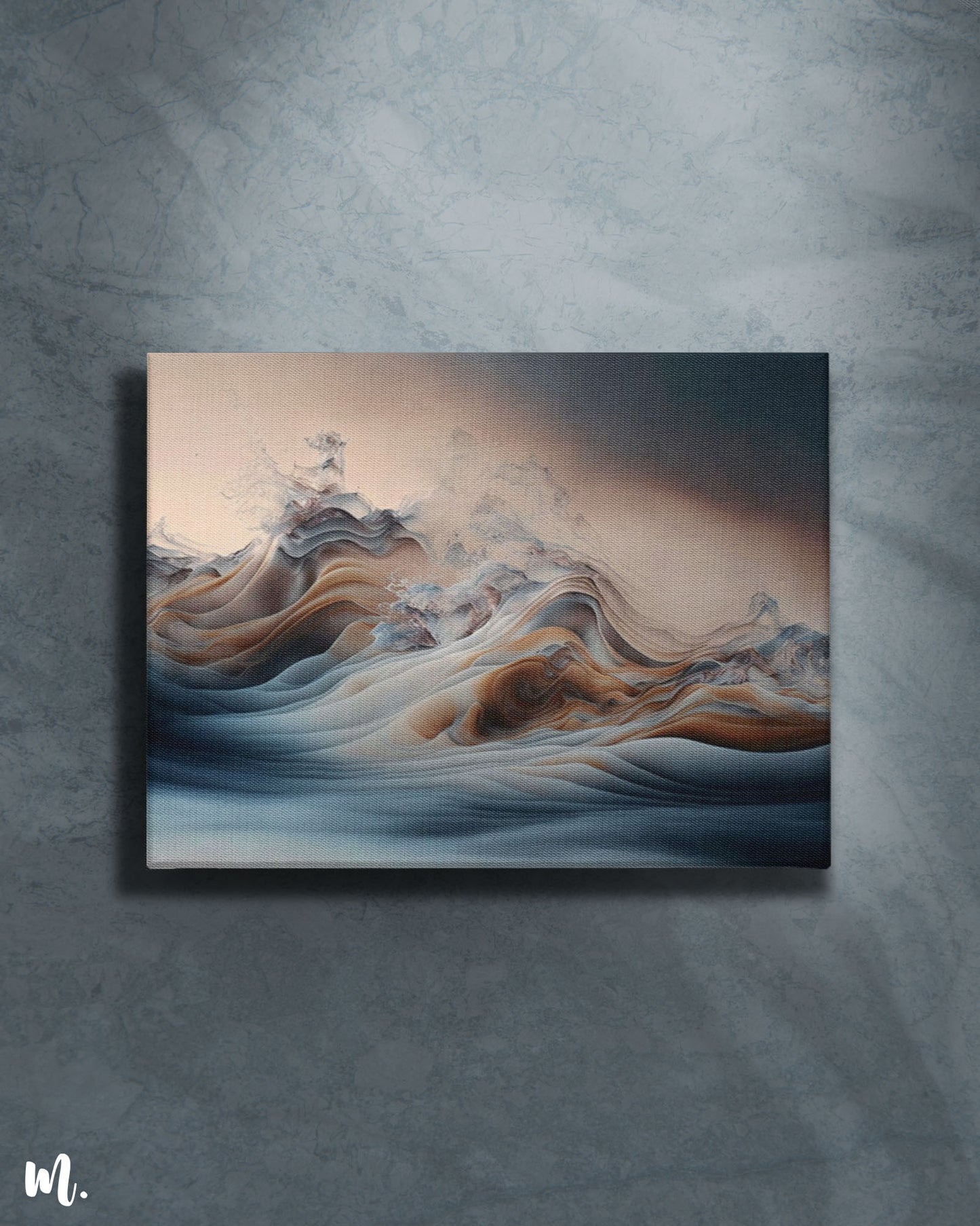 an abstract painting on canvas with soft, flowing waves and textures. It features a muted color palette of browns, blues, and greys, showcasing the waves of ocean. The smooth transitions between colors and the intricate details give the artwork a calming, ethereal feel. The painting is mounted on a textured wall, adding to its modern and minimalist aesthetic-Muselot