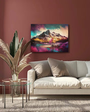 a modern canvas art piece in a living room,showcasing a serene highland landscape bathed in soft, ethereal light. Muted greens and blues blend harmoniously, creating a tranquil and elegant focal point-Muselot