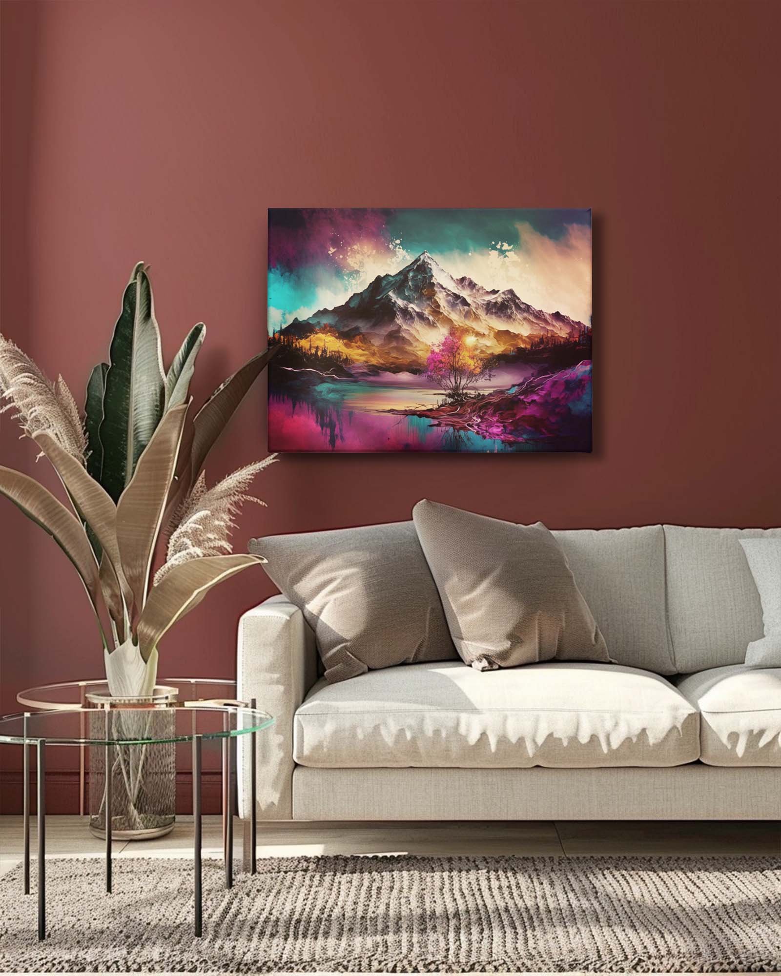 a modern canvas art piece in a living room,showcasing a serene highland landscape bathed in soft, ethereal light. Muted greens and blues blend harmoniously, creating a tranquil and elegant focal point-Muselot