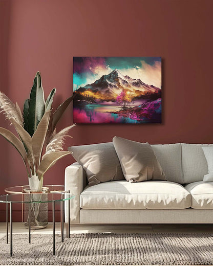 a modern canvas art piece in a living room,showcasing a serene highland landscape bathed in soft, ethereal light. Muted greens and blues blend harmoniously, creating a tranquil and elegant focal point-Muselot