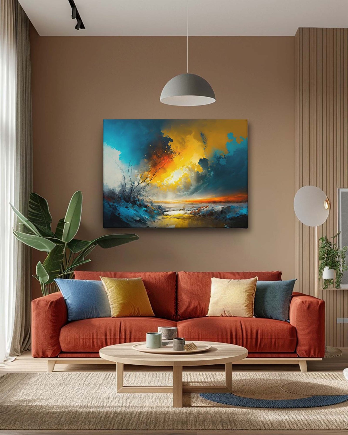 Sunset abstract landscape art, in minimal furnished living room, showcasing the a color palette of blue, yellow and tint of orange, creating a warm and calm atmosphere-Muselot