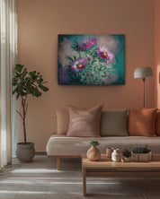 An aster flower abstract art displayed on a peach colored wall with the matching the furniture, complementing the artwork perfectly, creating a cohesive and stylish interior-Muselot