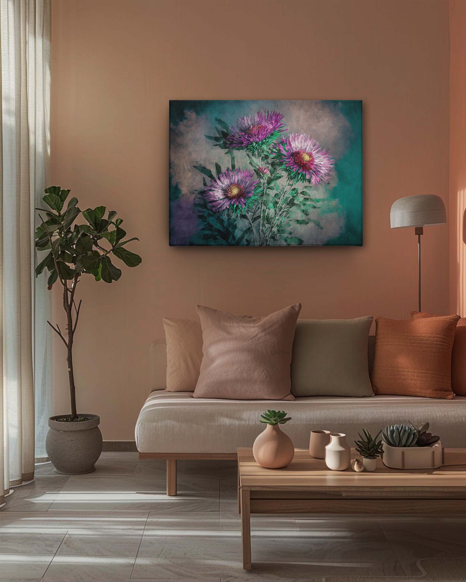 An aster flower abstract art displayed on a peach colored wall with the matching the furniture, complementing the artwork perfectly, creating a cohesive and stylish interior-Muselot