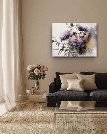 A modern flower canvas at displayed on beige colored wall, on an coffee area, creating a calm and tranquility in the space-Muselot 
