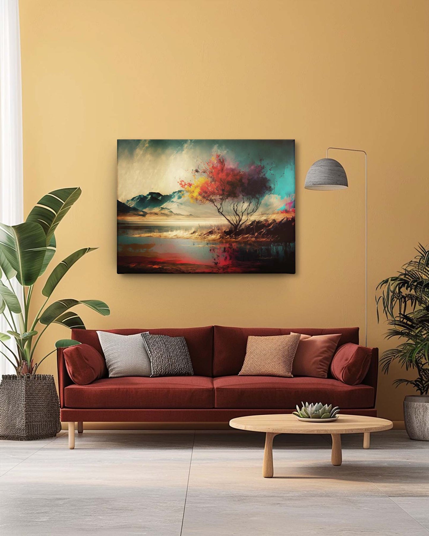 An beautiful autumn abstract art, mounted on a cream colored wall, perfectly complementing the room's elegant, earthy aesthetic-Muselot