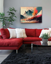  a colorful mountain landscape with vibrant foliage in the foreground of a living room. The scene includes cool-toned mountains and warm, bright colors of trees or plants, creating a peaceful and dynamic natural environment-Muselot