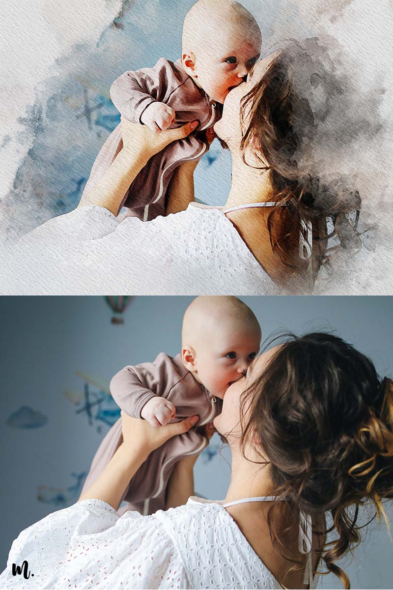 Watercolour art customization of mom with her newborn baby - Muselot