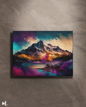 A mountain abstract art, mounted on a light background making the soft, ethereal hues of the highland scenery stand out more vividly, creating a more striking and elegant visual impact-muselot