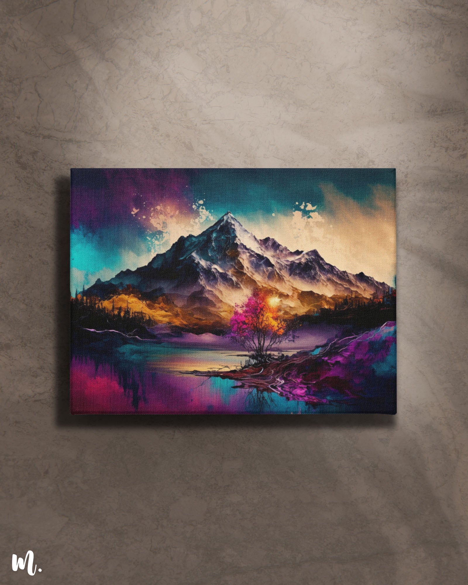 A mountain abstract art, mounted on a light background making the soft, ethereal hues of the highland scenery stand out more vividly, creating a more striking and elegant visual impact-muselot