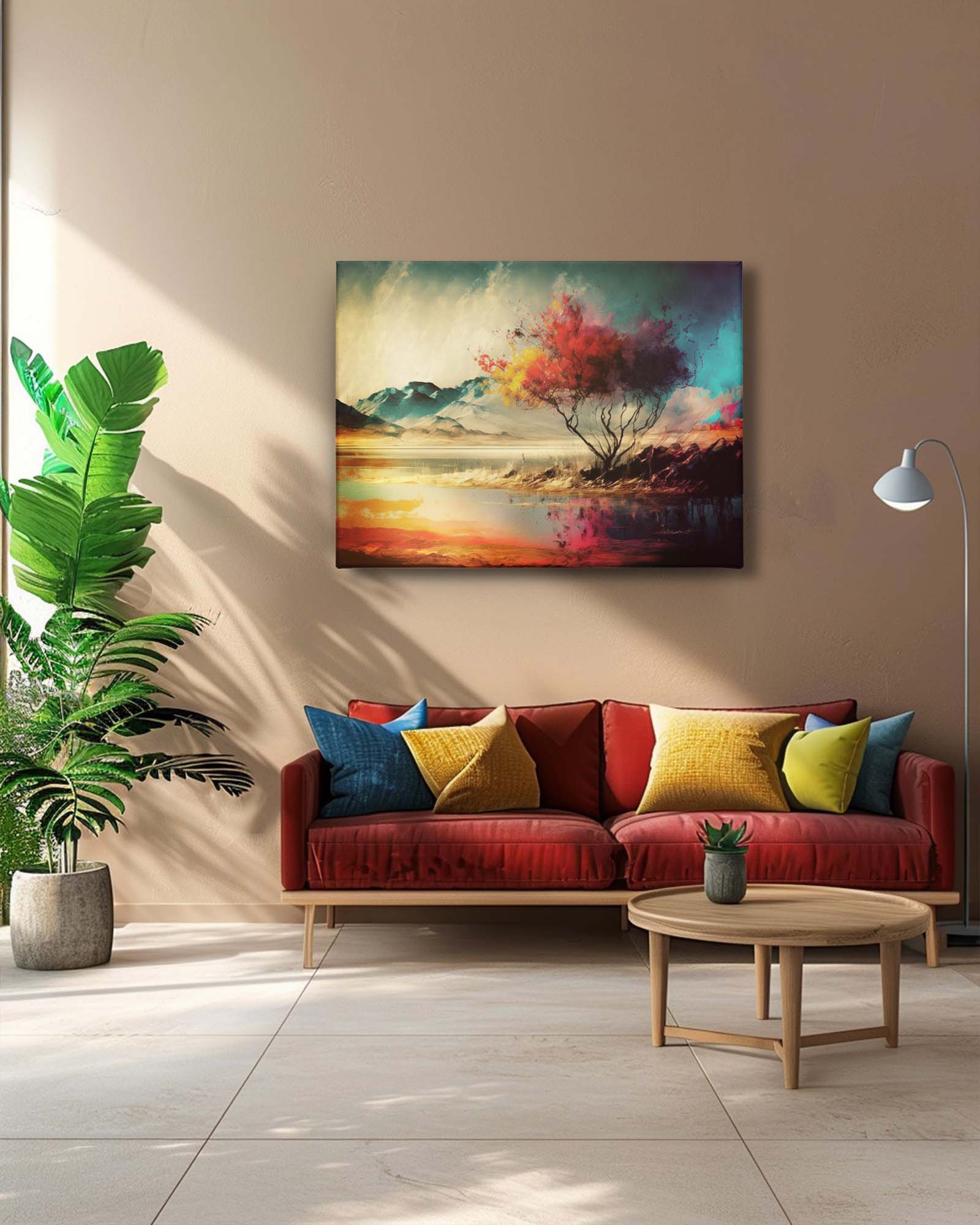 An autumn landscape painting, rich with warm tones of orange, red, and gold, graces the wall of a living room. The dark furniture deep brown leather sofas and a dark wood coffee table provides a striking contrast, allowing the vibrant autumn colors to pop. The painting brings a touch of nature indoors, creating a cozy and inviting atmosphere-Muselot