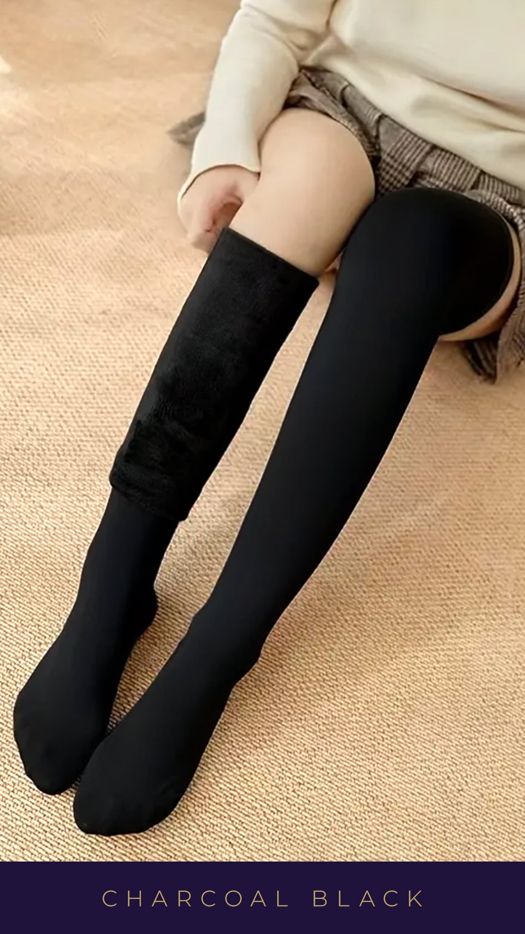 A model wearing knee high black warm tearproof socks in a cozy background, highlighting the snug and breathable fit of the socks, while perfectly complementing the outfit-Muselot