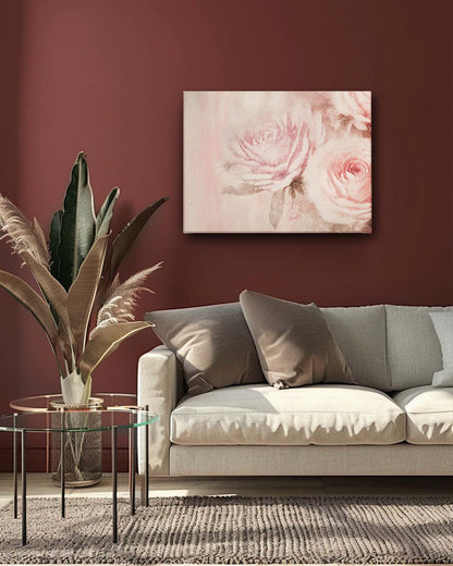 Blushing roses surreal canvas art in a dark background living room features a striking and dreamlike depiction of blooming flowers. The dark backdrop enhances the artwork’s vibrant colors and surreal elements, creating a dramatic and captivating focal point. This combination adds depth and sophistication to the living room, making the art a visually stunning centerpiece-Muselot