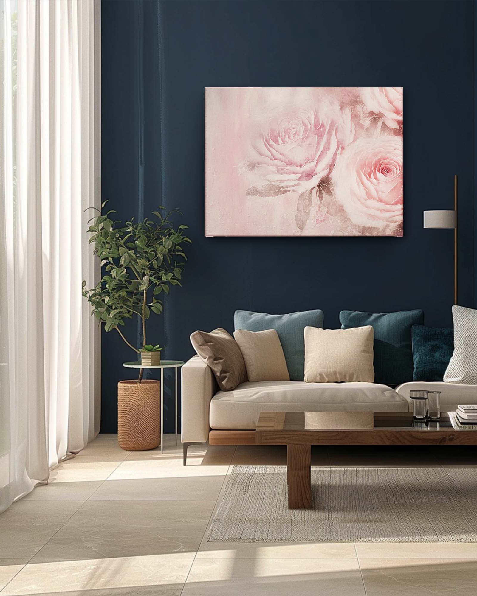 Blushing roses modern canvas art on a navy blue wall with neutral furniture features a captivating depiction of flowers in a dreamlike setting. The navy blue backdrop enhances the artwork’s vibrant colors and surreal qualities, while the neutral furniture provides a balanced and sophisticated contrast. This combination creates a striking and elegant focal point in the room-Muselot