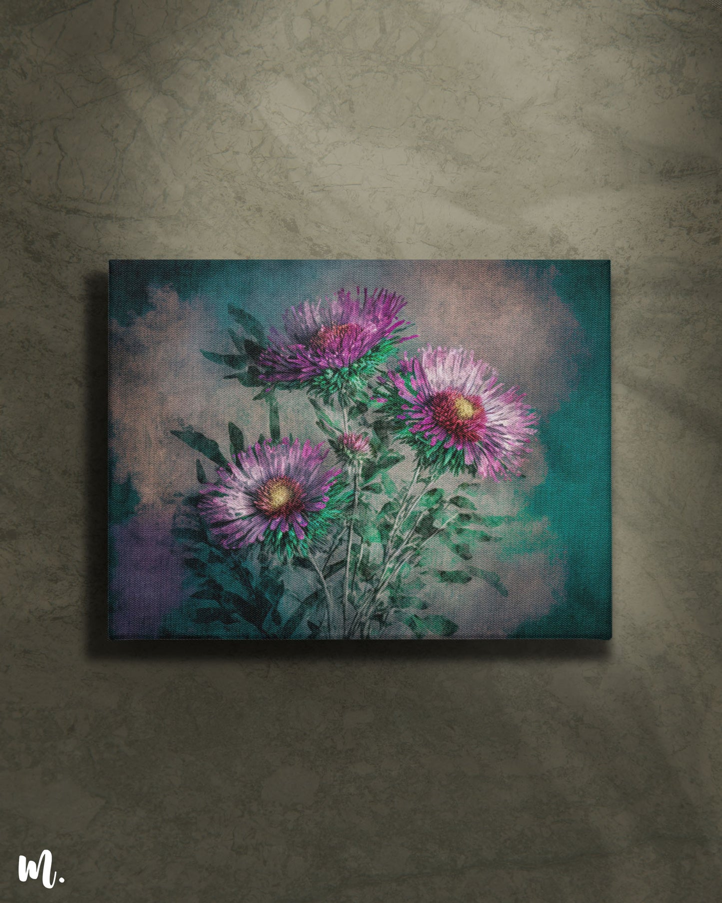 An blooming asters modern canvas art, displayed on a plain backdrop showcasing the intricate patterns and texture of the canvas- Muselot