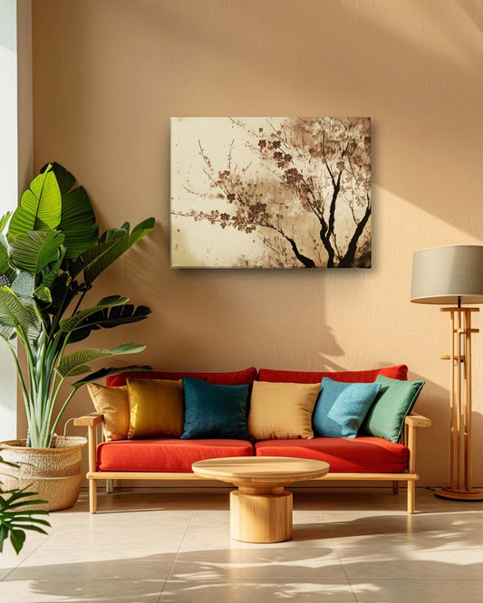 Cherry blossom modern canvas art, set in a neutral living room, features vibrant cherry blossoms that pop against a subtle background. The fresh, lively colors of the artwork contrast beautifully with the neutral tones of the room, adding a touch of springtime joy and elegance to the space-Muselot