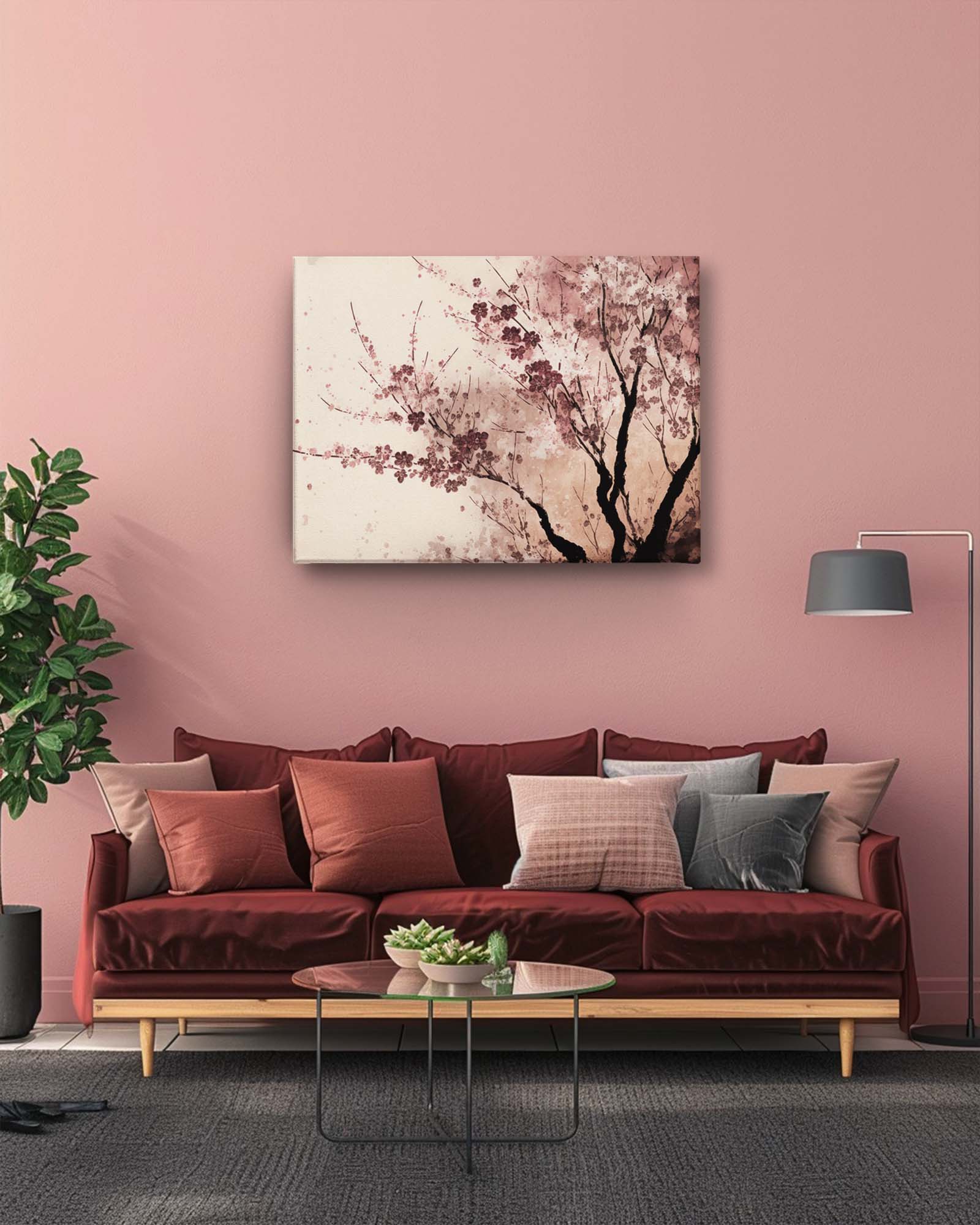 Spring's Cherry blossom modern canvas art in a pink background, paired with a maroon sofa in the living room, creates a vibrant and cohesive look. The lively cherry blossoms stand out against the soft pink backdrop, while the rich maroon sofa adds depth and elegance to the space. The combination brings a fresh and sophisticated touch to the room-Muselot









