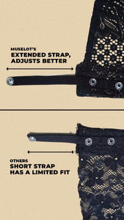close up comparison of muselot mocker's clip on camisole extended straps vs short straps in regular cheap lace alternatives.