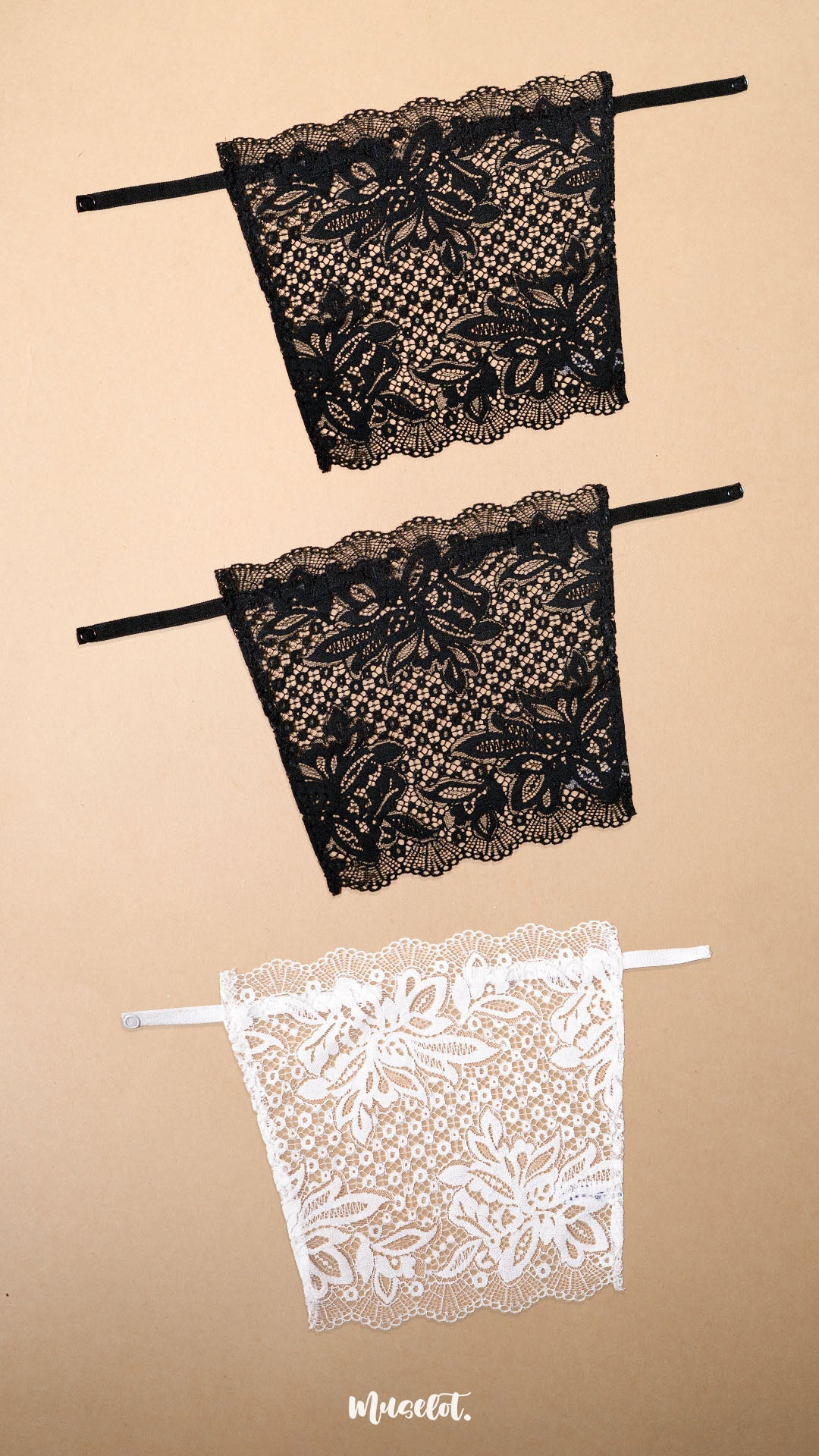 Three lace clip-on neckline covers in black and white displayed on a beige background, featuring floral lace detailing, adjustable straps and elegant coverage for deep neck tops, dresses and blouses, offering a stylish alternative to camisoles and modesty panels – Muselot