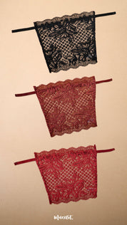 Three floral lace clip-on camisole inserts in black, burgundy and maroon displayed on a beige background, showcasing elegant neckline coverage, intricate lace detailing and versatile styling for deep neck tops, dresses, blouses and modest layering looks – Muselot
