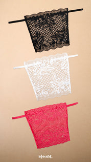 Three lace neckline cover-ups in black, white and dark pink displayed on a beige background, showcasing vibrant colour choices, intricate floral lace patterns and elegant styling options for deep neck tops, dresses and blouses – Muselot