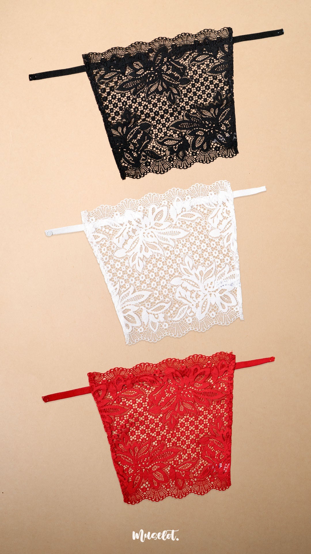 A pack of 3 deep neck cover-up clip-on camisoles displayed on a beige background, featuring black, white and red lace neckline inserts with premium floral lace detailing, adjustable straps and elegant modesty coverage for deep neck tops, blouses, kurtis and dresses-Muselot