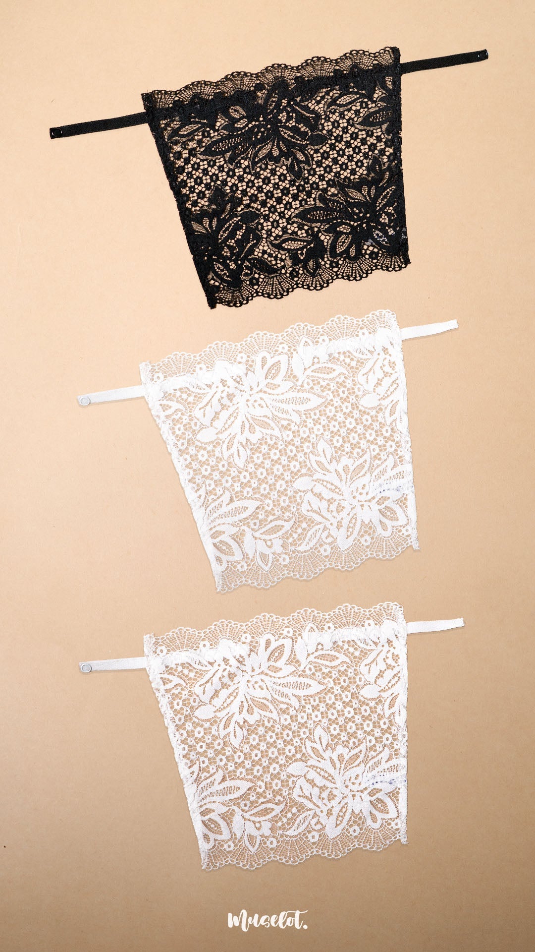 A pack of three clip-on neckline covers in black and white is displayed on a beige background. Featuring premium floral lace, adjustable straps and elegant scalloped edges, these deep neck cover-ups blend effortlessly with dresses, tops, kurtis and blouses, adding stylish neckline coverage, layering versatility and a refined feminine touch without the bulk of a camisole – Muselot