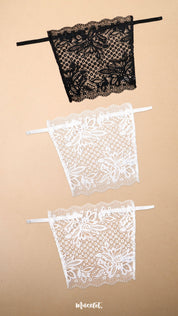 A pack of three clip-on neckline covers in black and white is displayed on a beige background. Featuring premium floral lace, adjustable straps and elegant scalloped edges, these deep neck cover-ups blend effortlessly with dresses, tops, kurtis and blouses, adding stylish neckline coverage, layering versatility and a refined feminine touch without the bulk of a camisole – Muselot