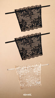 A pack of three clip-on neckline covers in black, black and beige is displayed on a beige background. Designed with rich floral lace, adjustable straps and delicate scalloped edges, these deep neck cover-ups help customise neckline coverage for dresses, tops, kurtis and blouses. The lightweight clip-on camisole inserts add elegance, confidence and layering versatility while blending naturally with different outfits for a polished everyday or occasion-ready look – Muselot