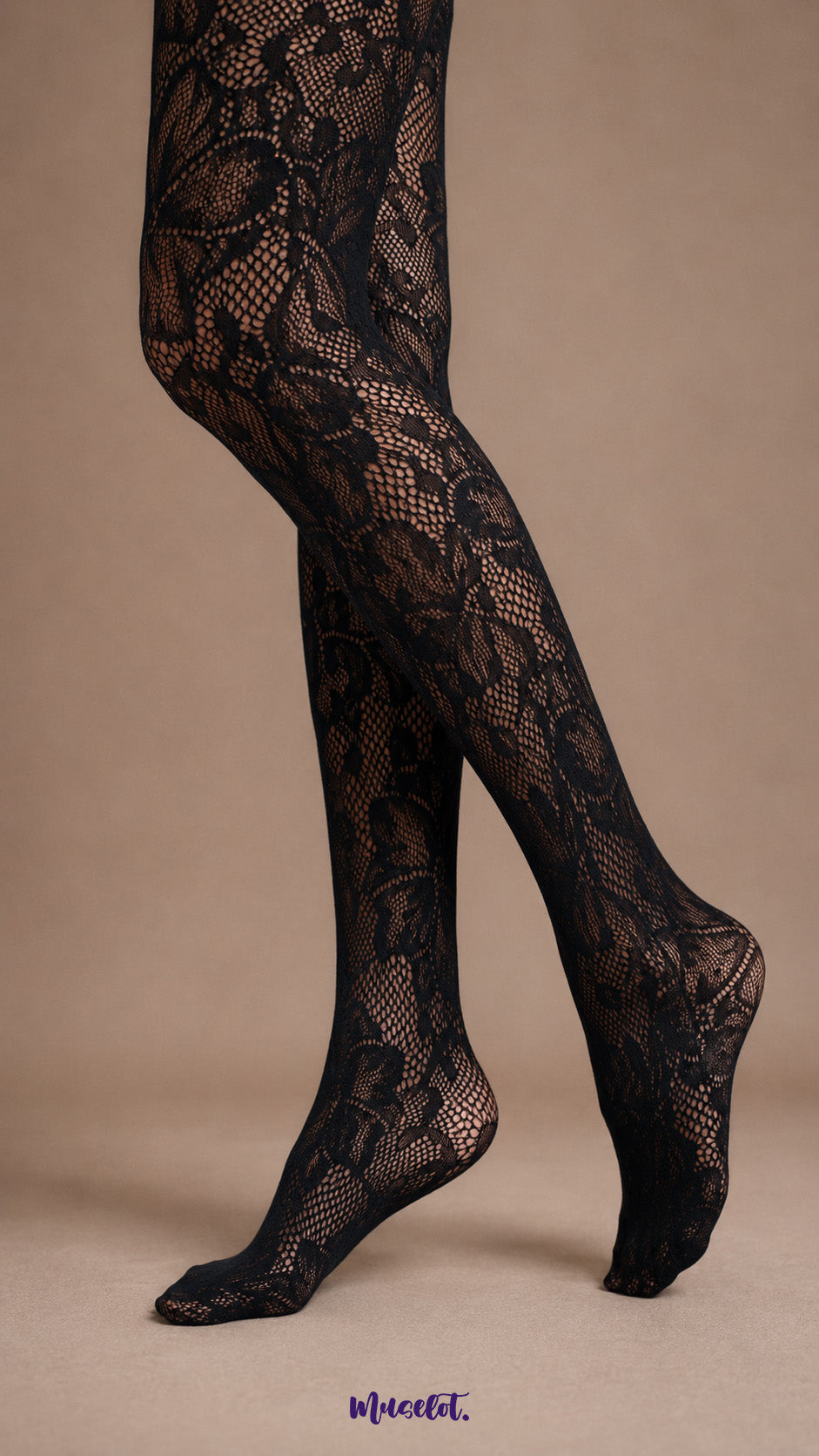 Close-up of black floral lace stockings showing intricate flower motifs, open mesh texture and closed-toe foot coverage - Muselot