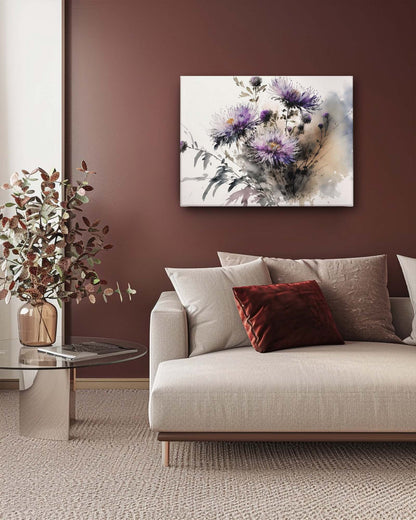 A water colour modern aster flower canvas art, displayed on a maroon wall of a netural decor living room, subtle elegance and a serene atmosphere-Muselot