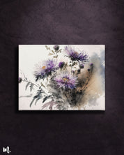 Whispering Asters canvas art, displayed on plain dark wall showcasing, showcasing the delicate and soft hues of the painting-Muselot